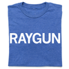 A folded heather royal blue t-shirt with "RAYGUN" printed in white text.