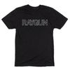 A short-sleeve black crewneck t-shirt with white print that says, "RAYGUN" in an outlined font.