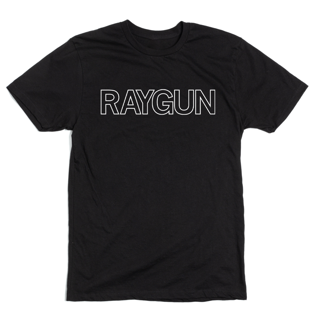 A short-sleeve black crewneck t-shirt with white print that says, "RAYGUN" in an outlined font.