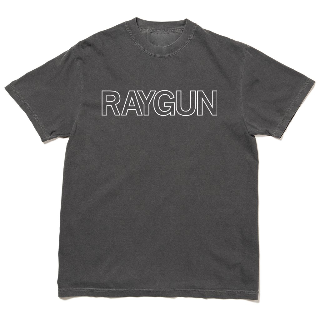 Grey Comfort Colors heavyweight crewneck t-shirt with white print that says, "RAYGUN" in an outlined font.