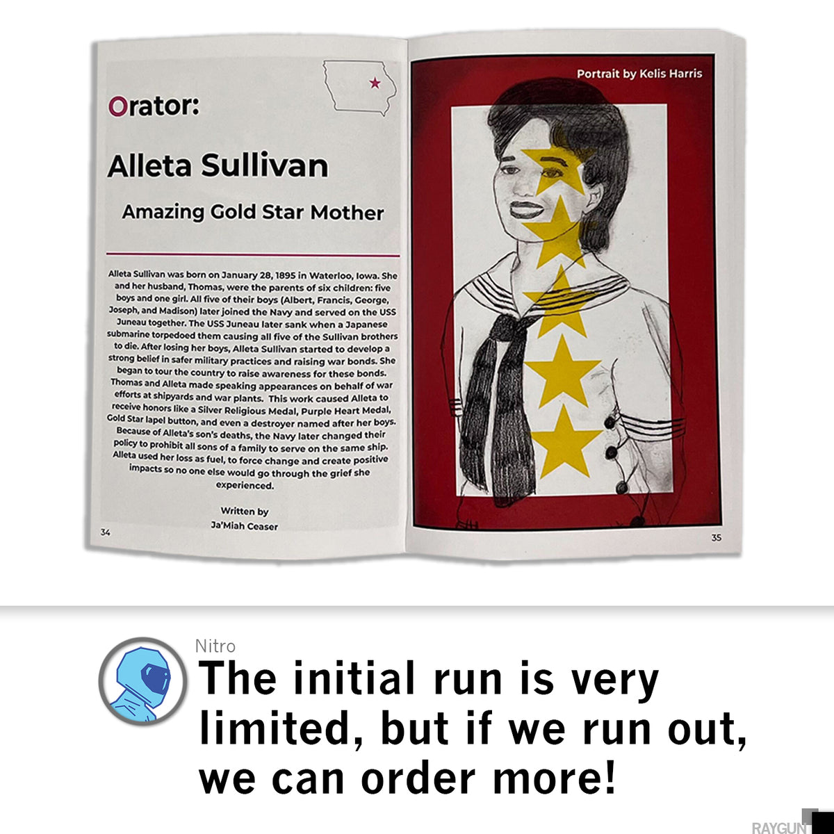 An open book spread from a Waterloo Women profile featuring Aletta Sullivan, including a portrait overlaid with gold stars alongside a text summary of her life and her campaign for safer naval practices at East High School.