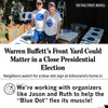 A man and woman wearing Nebraska Blue Dot shirts stand in a yard surrounded by signs featuring blue dots, accompanied by text about a Wall Street Journal article on political lawn signs.