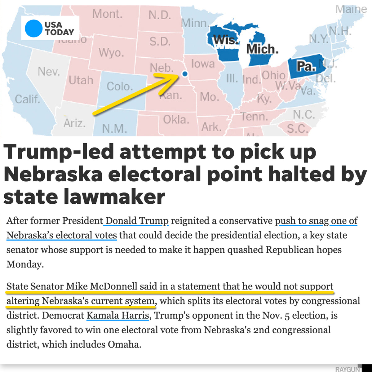 A USA Today graphic showing a map of the United States with an arrow pointing to Nebraska, where a local Nebraska Blue Dot effort to pick up an electoral point was halted by a state lawmaker.