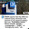 CDC headquarters sign above text claiming the CDC ordered the retraction of research papers mentioning terms like gender and LGBTQ.