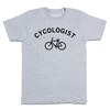 Light gray Cycologist crew neck t-shirt with the word printed above a black bicycle icon.