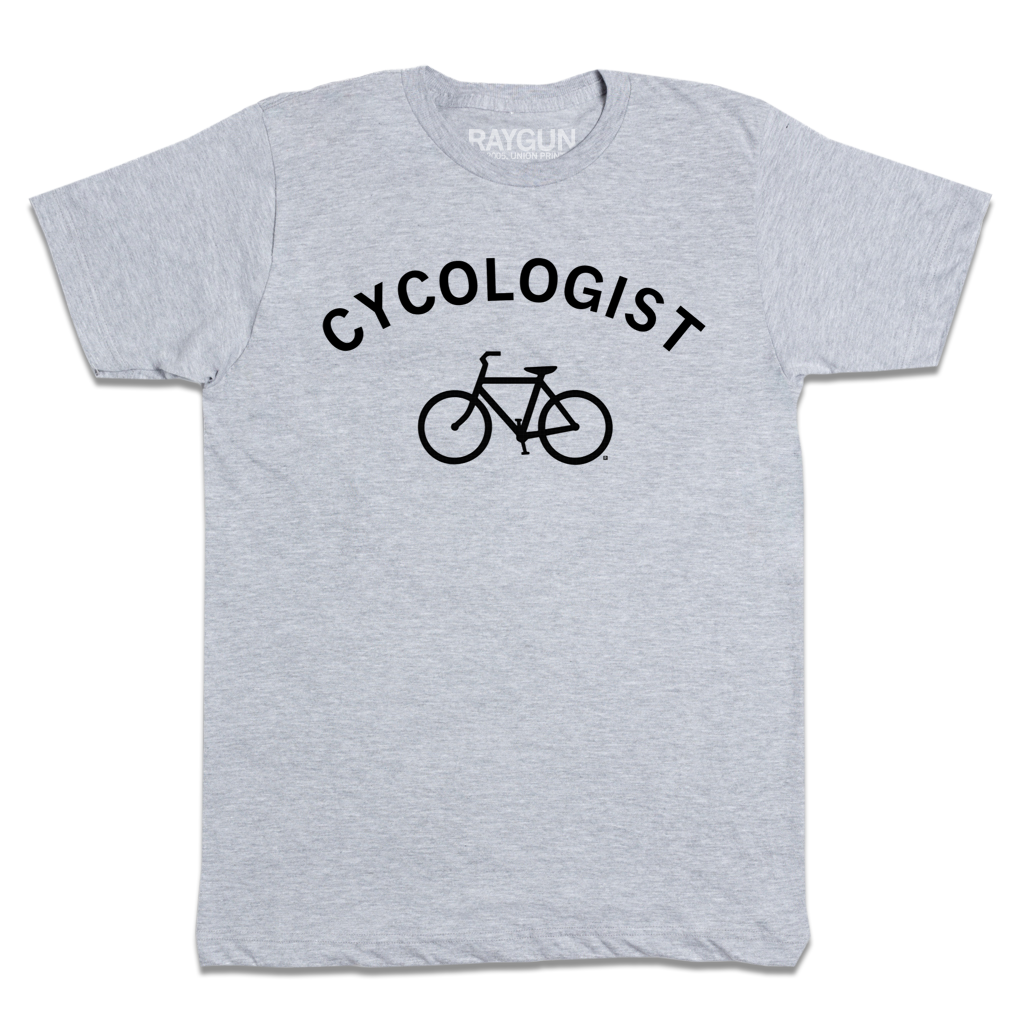 Light gray Cycologist crew neck t-shirt with the word printed above a black bicycle icon.