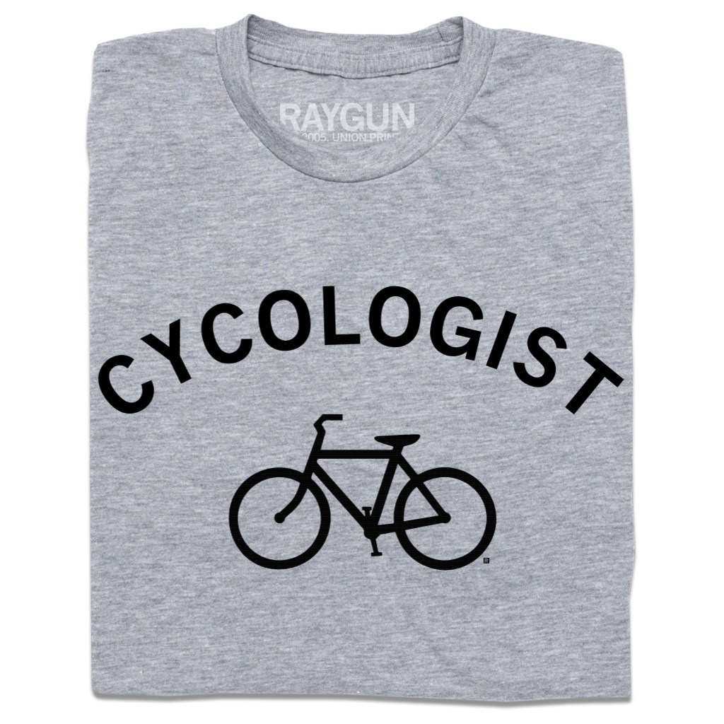Light gray Cycologist t-shirt featuring a bicycle icon and text printed in black.