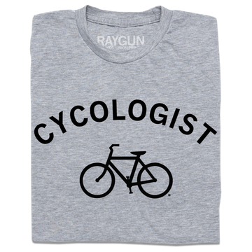 Light gray Cycologist t-shirt featuring a bicycle icon and text printed in black.