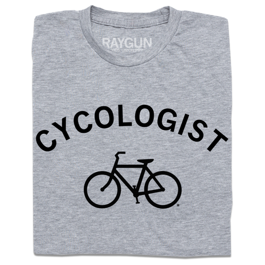 Light gray Cycologist t-shirt featuring a bicycle icon and text printed in black.