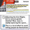 A Gazette headline regarding the removal of gender identity from the Iowa Civil Rights Act, alongside social media commentary criticizing the move, featuring a person in a purple T-shirt with a Don’t Legislate Hate design.