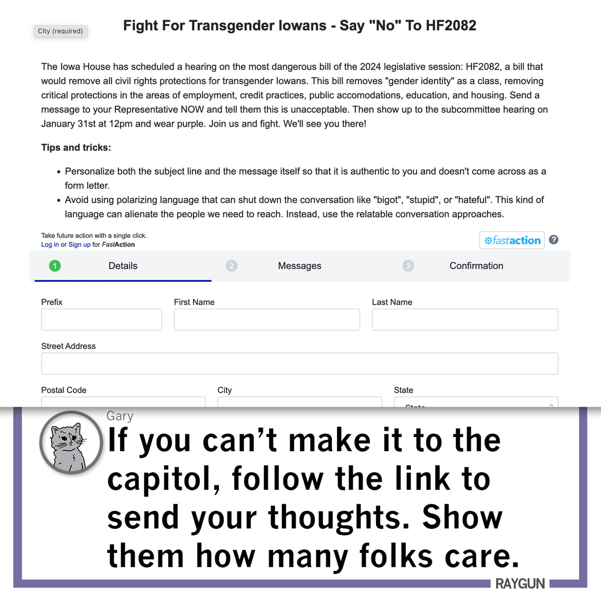 A screenshot of a call-to-action website for One Iowa titled Fight For Transgender Iowans, featuring a form to contact representatives and a cartoon cat with text urging people to send their thoughts if they cannot attend the capitol.