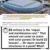 An Axios news snippet about a proposed solar project for the Iowa Events Center, paired with commentary from Raygun questioning the $8 million cost, appearing alongside a Greenwood Pond Double Site public art piece.
