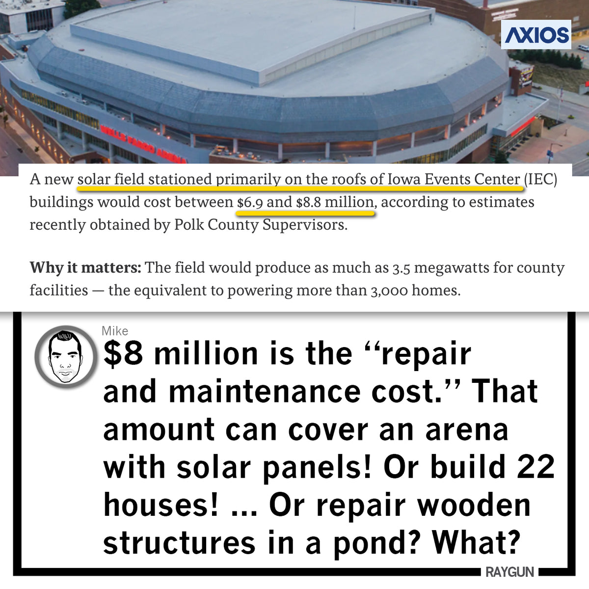 An Axios news snippet about a proposed solar project for the Iowa Events Center, paired with commentary from Raygun questioning the $8 million cost, appearing alongside a Greenwood Pond Double Site public art piece.