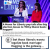 A satirical graphic featuring women at a Moms for Liberty podium with mocking election commentary and a cartoon cat quote. The image includes a Filthy Liberal Book-Hugger label and a RAYGUN T-shirt reference.