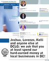 A composite image of the DC Consumer Law Group website featuring profiles for Joshua Rose, Lorenzo Cellini, and Kelli Jareaux, overlaid with a graphic of a cartoon cat encouraging staff to shop at local small business online stores.