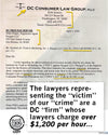 A legal letter from DC Consumer Law Group regarding a lawsuit against Raygun LLC, featuring a cartoon cat and text criticizing hourly rates, laid atop a union labor black t-shirt.