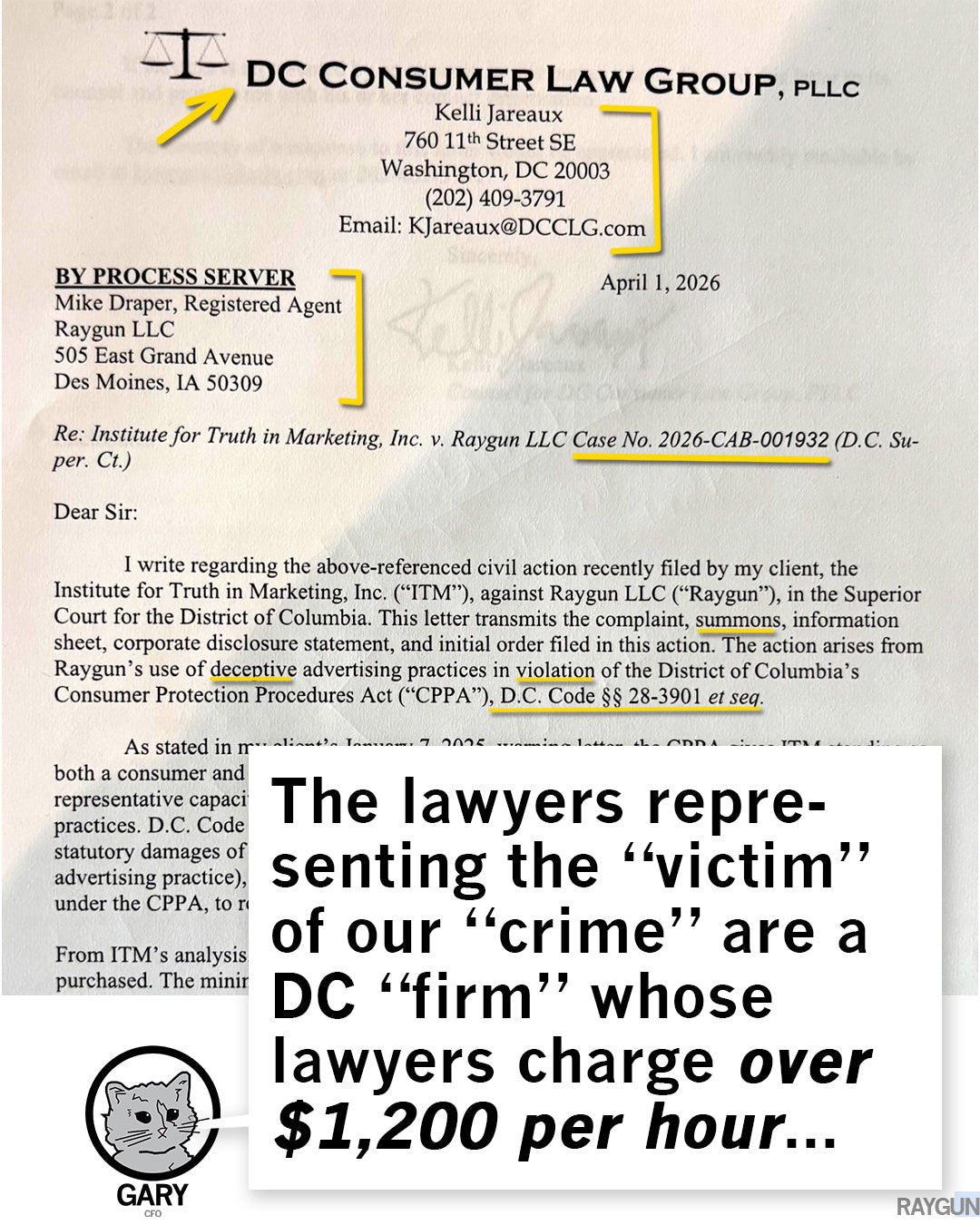A legal letter from DC Consumer Law Group regarding a lawsuit against Raygun LLC, featuring a cartoon cat and text criticizing hourly rates, laid atop a union labor black t-shirt.