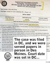 A Superior Court of the District of Columbia Initial Order for case 2026-CAB-001932, overlaid with a text box stating the case was filed in DC and papers were served in Des Moines, shown on a sweatshop free t-shirt from a small business online store.