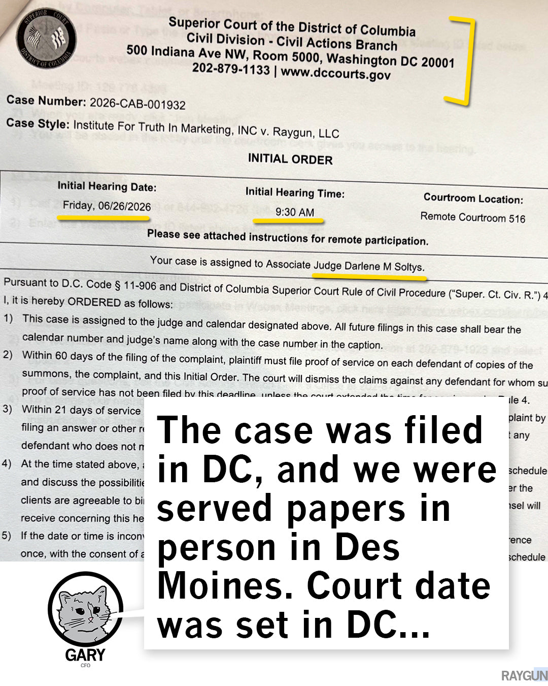 A Superior Court of the District of Columbia Initial Order for case 2026-CAB-001932, overlaid with a text box stating the case was filed in DC and papers were served in Des Moines, shown on a sweatshop free t-shirt from a small business online store.