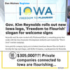 A Des Moines Register headline about Governor Kim Reynolds’ new Iowa logo and slogan sits above a satirical Raygun graphic of a cat questioning the project’s cost, often contrasted with their union made, sweatshop free Iowa t-shirts.