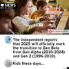 A classroom of children in ringspun cotton shirts work on laptops, as text marks the 2025 transition from Gen Alpha to Gen Beta.