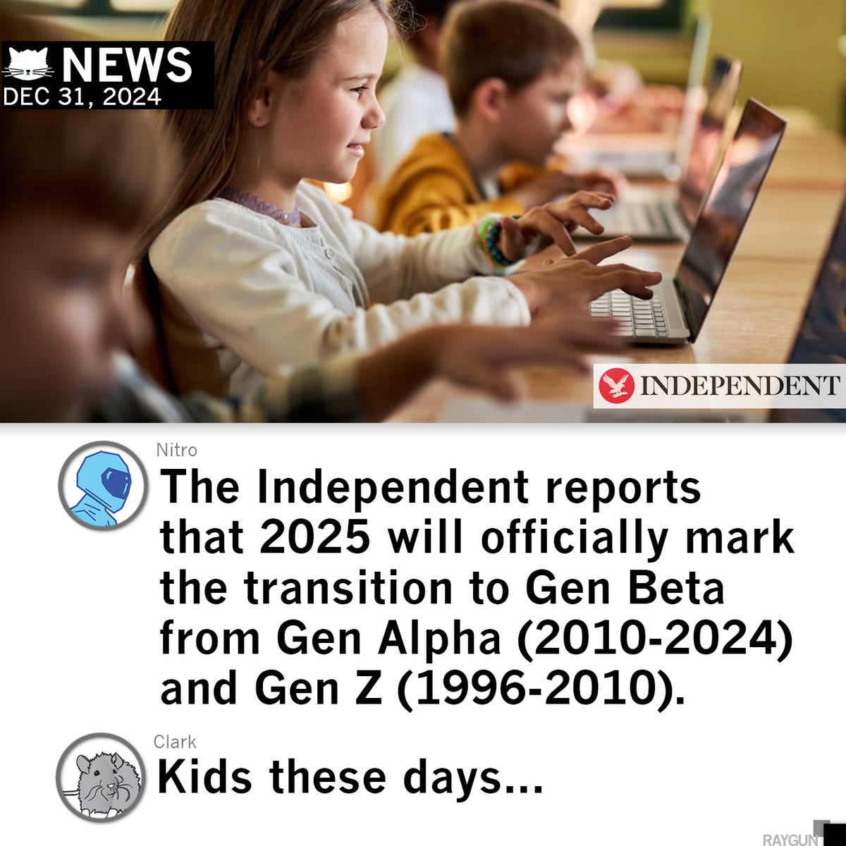 A classroom of children in ringspun cotton shirts work on laptops, as text marks the 2025 transition from Gen Alpha to Gen Beta.