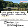 An art installation at Greenwood Pond Double Site overlooks a pond, featuring text about the Des Moines Art Center controversy and a graphic that questions the demolition of local art.
