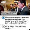 An ABC News video still showing Pete Hegseth, captioned Hegseth promises to stop drinking if confirmed, GOP senators say, followed by social media posts from Nitro and Pancake mocking the claim while wearing a union made RAYGUN t-shirt.