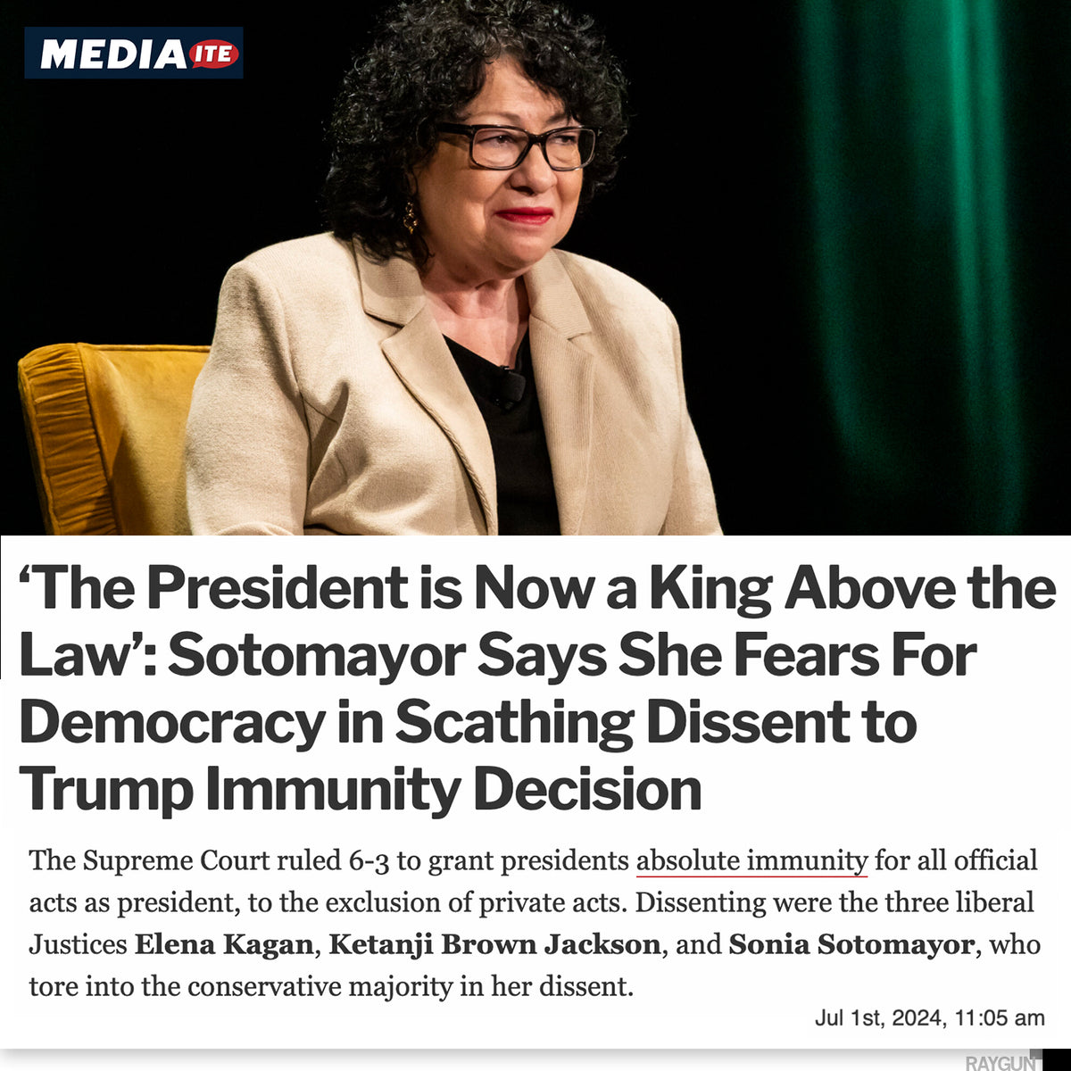 Justice Sonia Sotomayor sits in a chair above a headline reporting her scathing dissent on the presidential immunity ruling, a stance that has resonated with the ACLU.