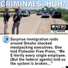 Two sheriff’s deputies stand on a road near patrol vehicles, one wearing a union-made shirt, next to a news graphic about surprise immigration raids in Omaha with the headline CRIMINALS, HUH?.