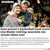 Lisa Bluder and Jan Jensen embrace while wearing championship hats and heather mellow yellow t-shirts.