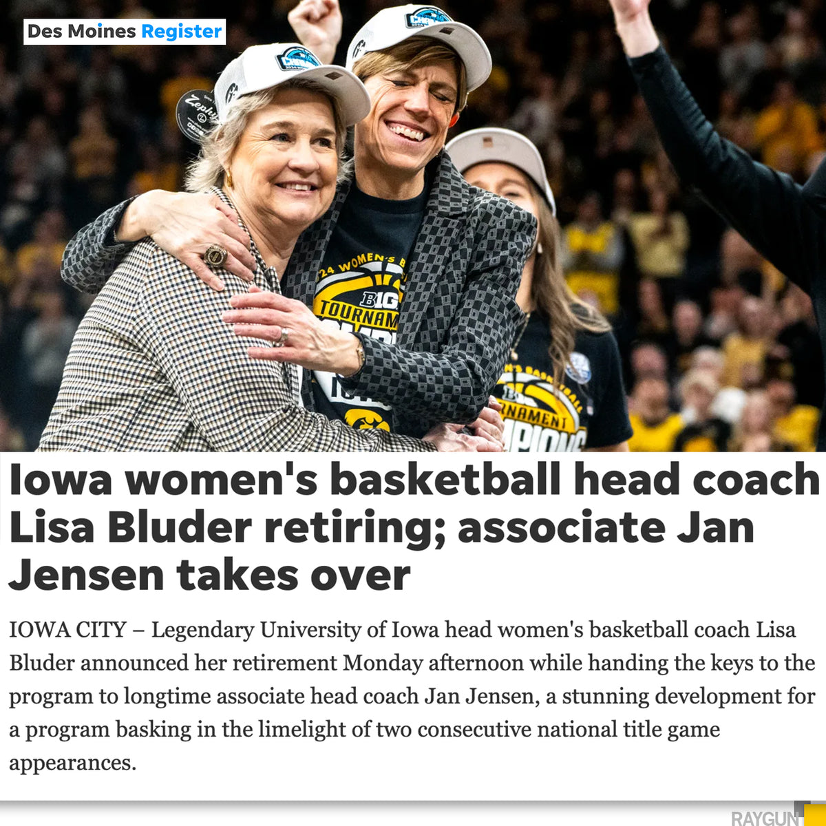 Lisa Bluder and Jan Jensen embrace while wearing championship hats and heather mellow yellow t-shirts.