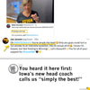 Jan Jensen wears a union made, Heather mellow yellow t-shirt that says Posting is winning in a social media post, followed by a graphic of a cat with the text, You heard it here first: Iowa’s new head coach calls us simply the best!.