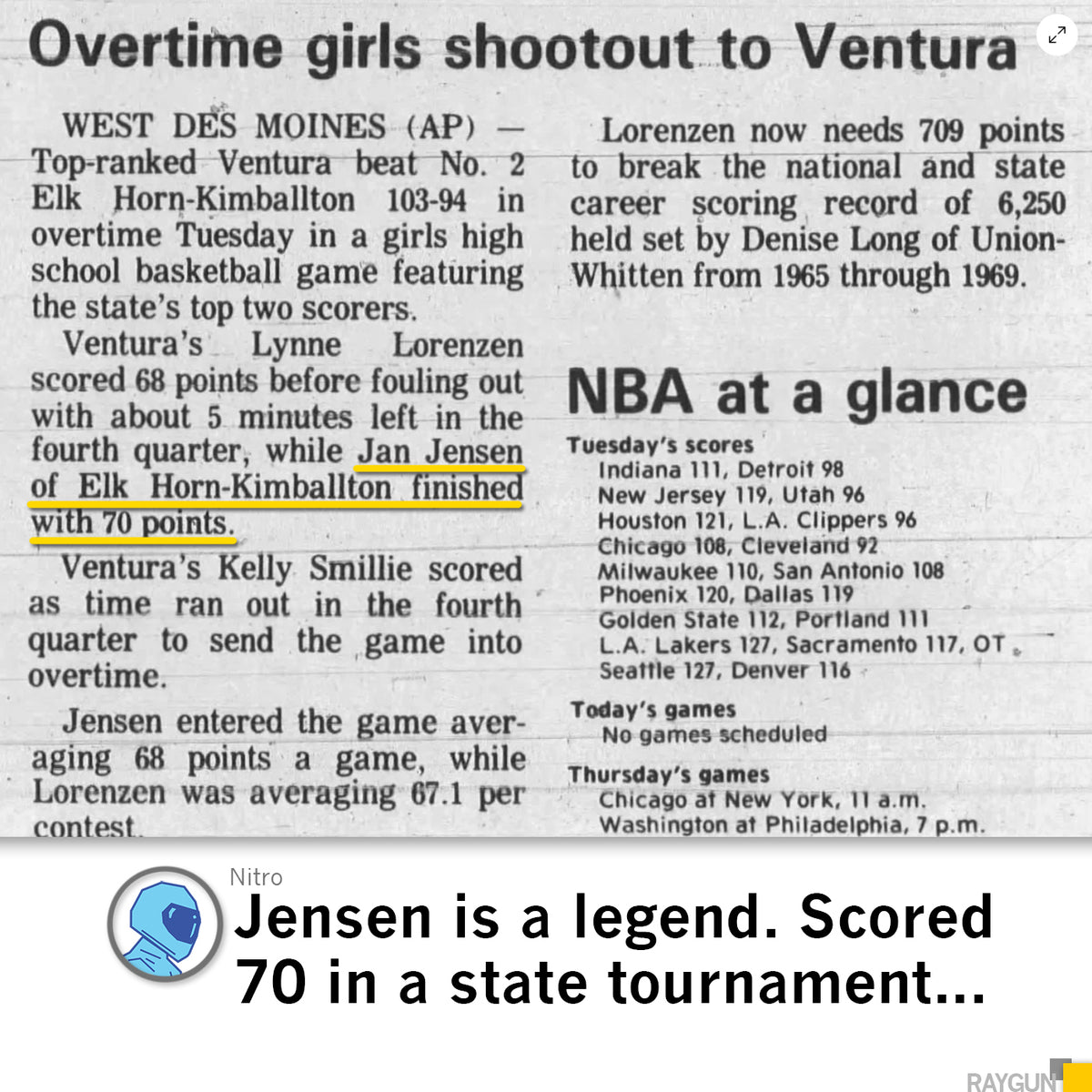 A newspaper clipping titled Overtime girls shootout to Ventura reporting on a basketball game where Jan Jensen scored 70 points, alongside an NBA at a glance section and a Heather mellow yellow t-shirt.
