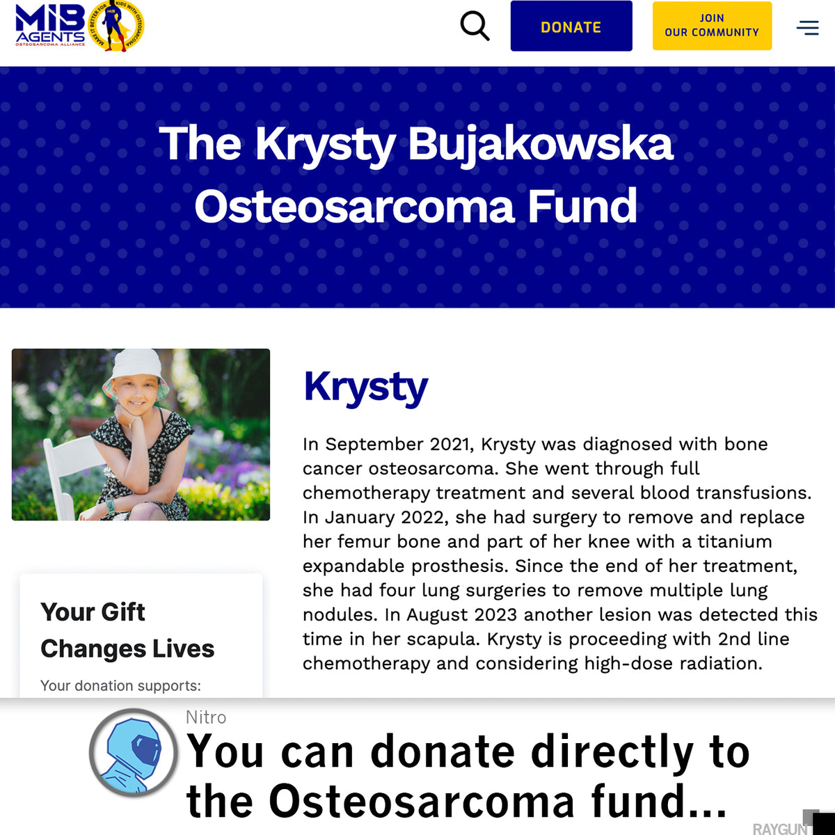 Website header for The Krysty Bujakowska Osteosarcoma Fund, showing Krysty in a charcoal T-shirt alongside a summary of her treatment history and a call to donate.