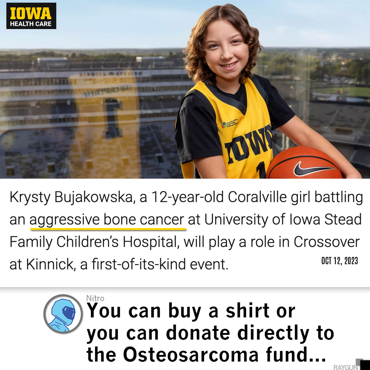 A girl in a charcoal T-shirt and basketball jersey holds a basketball in front of a stadium, with text detailing her battle with osteosarcoma and an invitation to donate to the fund.