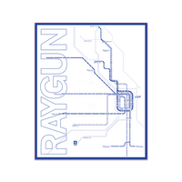 White rectangular sticker with blue print depicting Chicago's L-train routes. There's also a blue border and in sideways, vertical text on the left side says, "RAYGUN."