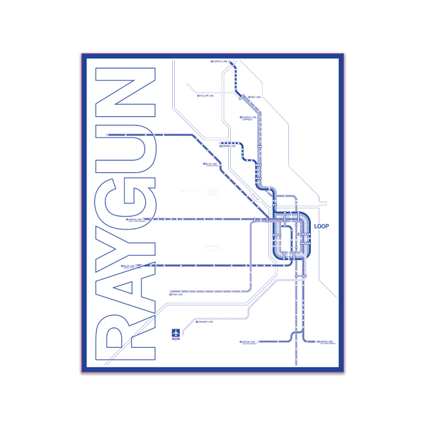 White rectangular sticker with blue print depicting Chicago's L-train routes. There's also a blue border and in sideways, vertical text on the left side says, 