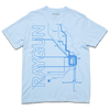 Comfort Colors light blue heavyweight t-shirt with bright blue ink depicting a detailed map of Chicago Loop train lines along with RAYGUN printed in sideways, horizonal text on the left.