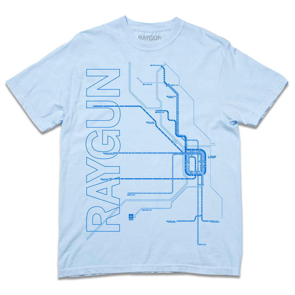 Comfort Colors light blue heavyweight t-shirt with bright blue ink depicting a detailed map of Chicago Loop train lines along with RAYGUN printed in sideways, horizonal text on the left.