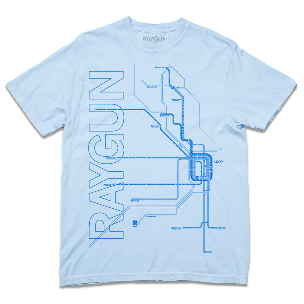 Comfort Colors light blue heavyweight t-shirt with bright blue ink depicting a detailed map of Chicago Loop train lines along with RAYGUN printed in sideways, horizonal text on the left.