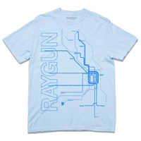 Comfort Colors light blue heavyweight t-shirt with bright blue ink depicting a detailed map of Chicago Loop train lines along with RAYGUN printed in sideways, horizonal text on the left.