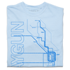 Folded light blue heavyweight t-shirt with bright blue ink depicting a detailed map of Chicago Loop train lines along with RAYGUN printed in sideways, horizonal text on the left.
