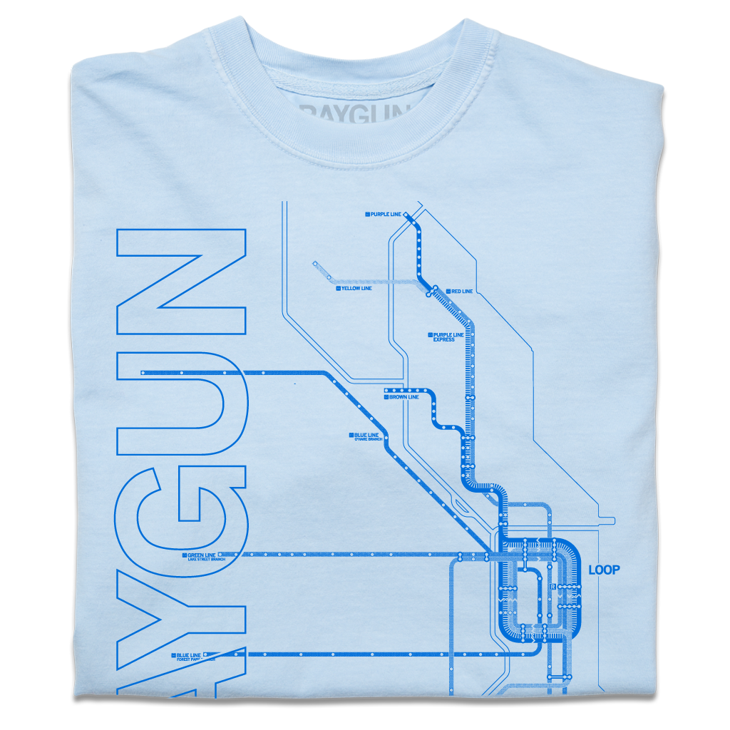 Folded light blue heavyweight t-shirt with bright blue ink depicting a detailed map of Chicago Loop train lines along with RAYGUN printed in sideways, horizonal text on the left.