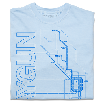 Folded light blue heavyweight t-shirt with bright blue ink depicting a detailed map of Chicago Loop train lines along with RAYGUN printed in sideways, horizonal text on the left.