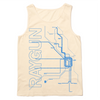 Off-white tank top with bright blue ink depicting a detailed map of Chicago Loop train lines along with RAYGUN printed in sideways, horizonal text on the left.