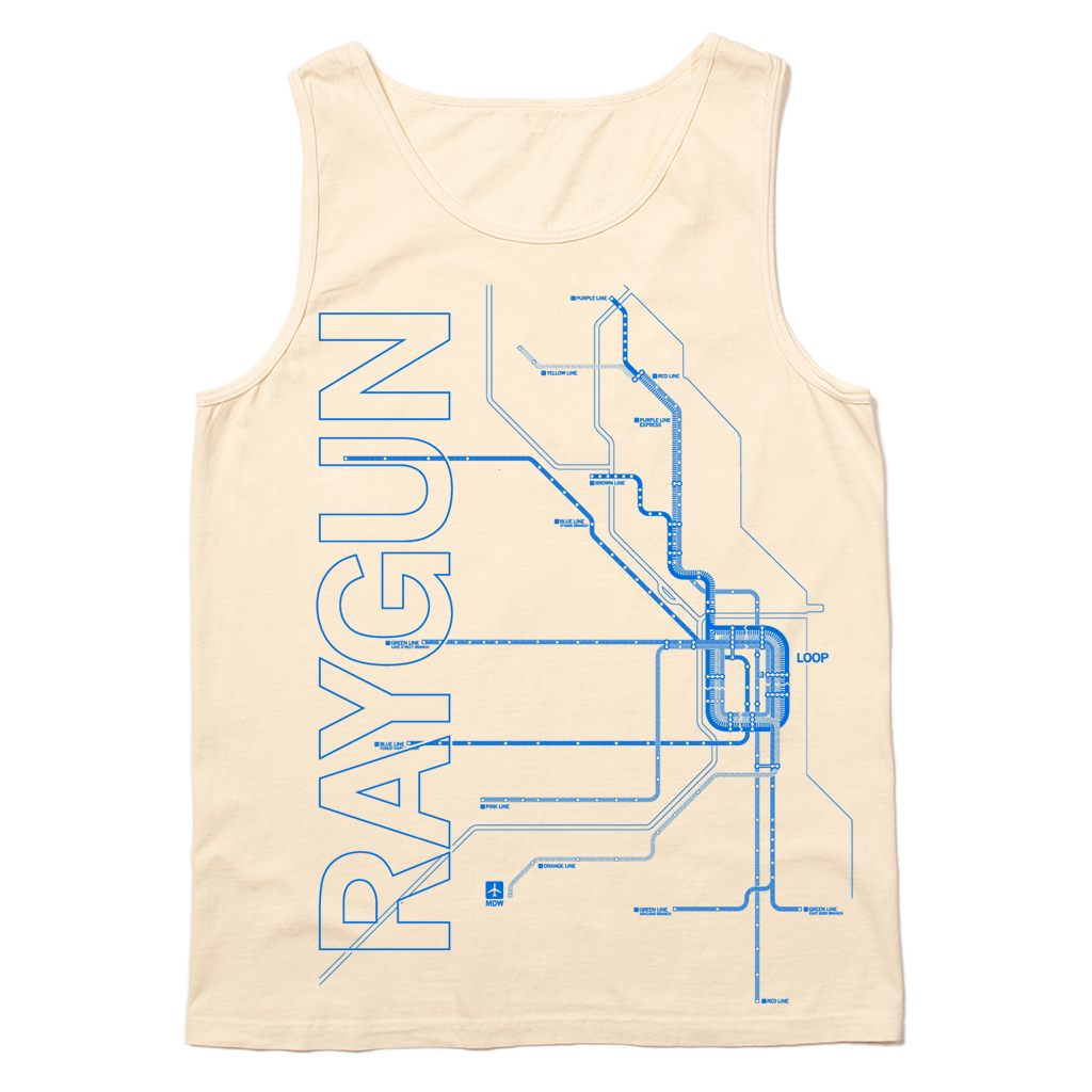 Off-white tank top with bright blue ink depicting a detailed map of Chicago Loop train lines along with RAYGUN printed in sideways, horizonal text on the left.