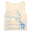Folded cream tank top with bright blue ink depicting a detailed map of Chicago Loop train lines along with RAYGUN printed in sideways, horizonal text on the left.