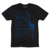 Short sleeve black t-shirt with blue ink depicting a detailed map of Chicago's L train with "RAYGUN" in sideways, vertical text to the left.