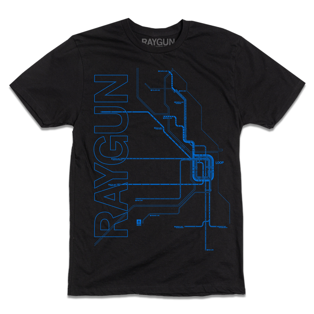 Short sleeve black t-shirt with blue ink depicting a detailed map of Chicago's L train with "RAYGUN" in sideways, vertical text to the left.